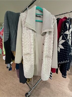 Anna Molinari Ivory Knit & Textured Long Cardigan Coat Size 40